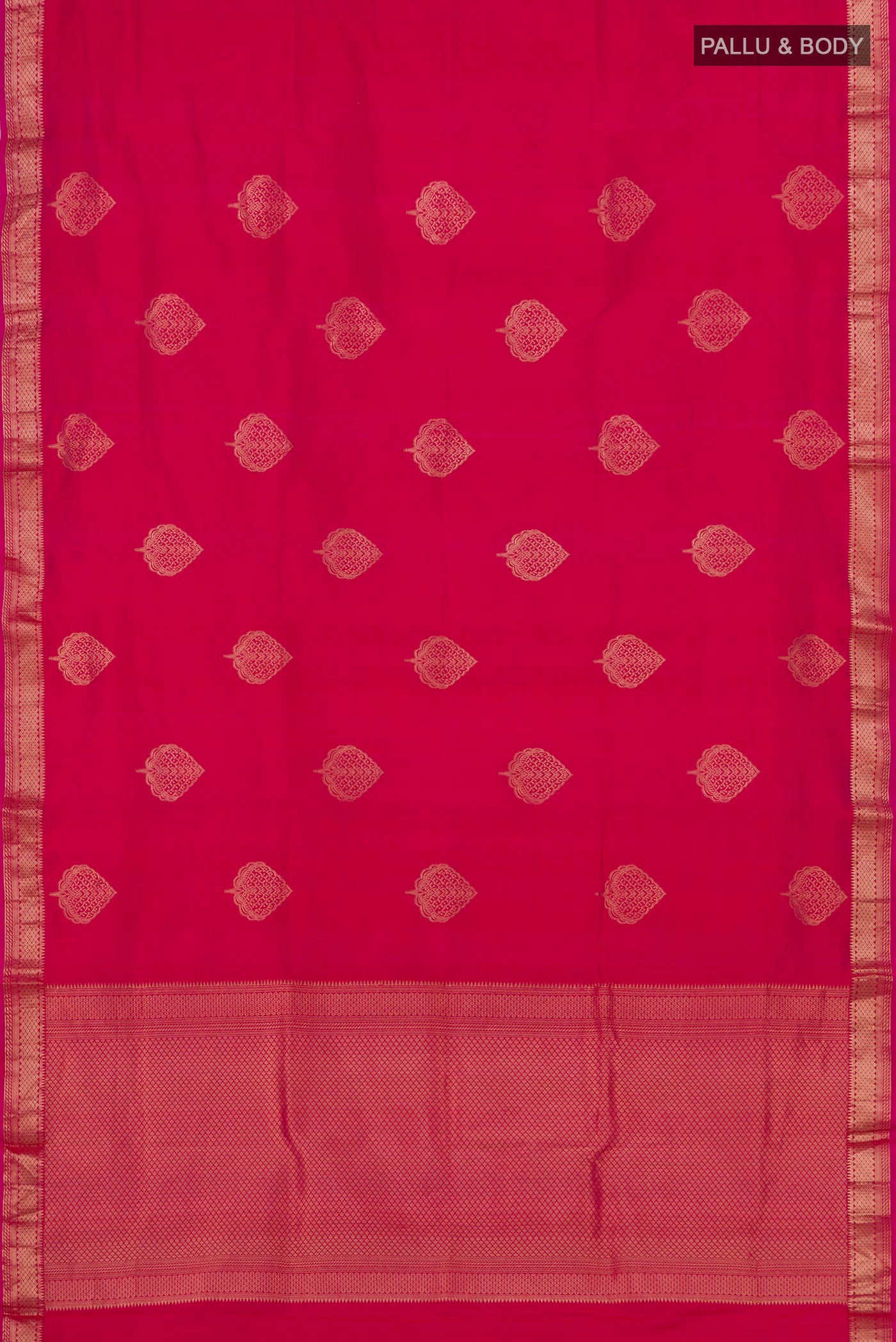 Flat view of Pink Banarasi Katan Silk Saree with Zari Butta on the body and Zari Border. 
