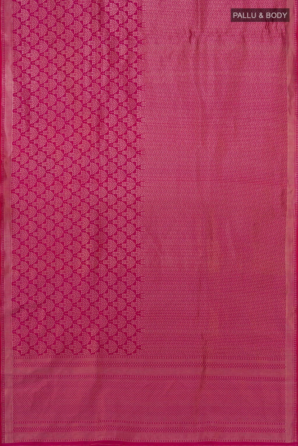 Flat view of Rani Pink Banarasi Katan Silk Saree with Zari Brocade on the body and Zari Border. 
