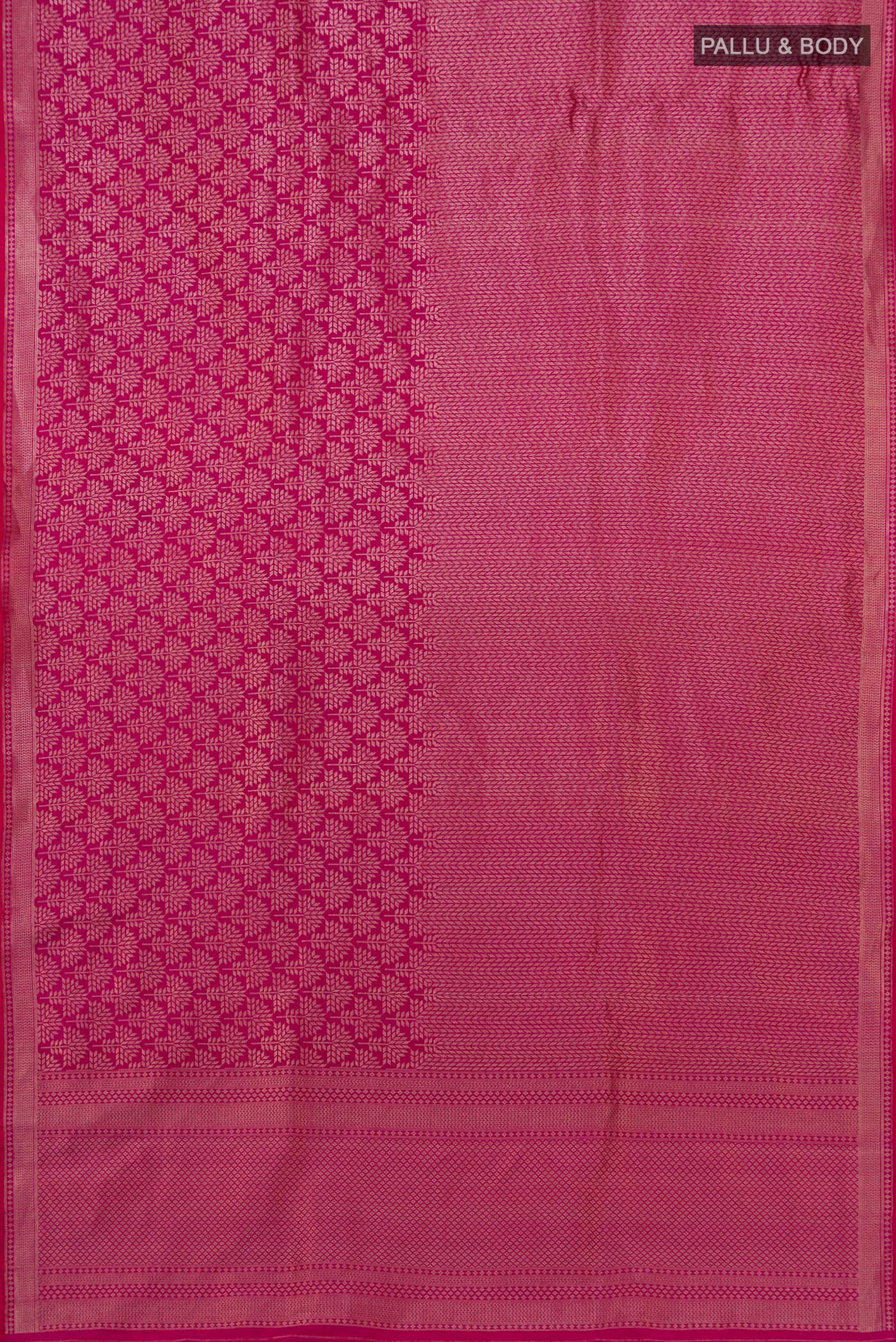 Flat view of Rani Pink Banarasi Katan Silk Saree with Zari Brocade on the body and Zari Border. 