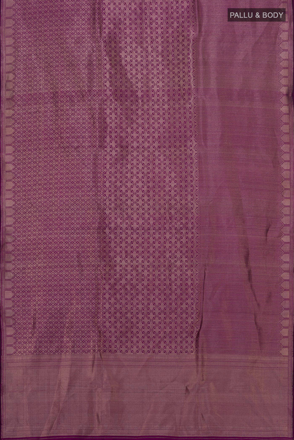 Flat view of Purple Banarasi Katan Silk Saree with Zari Brocade on the body and Zari Border. 