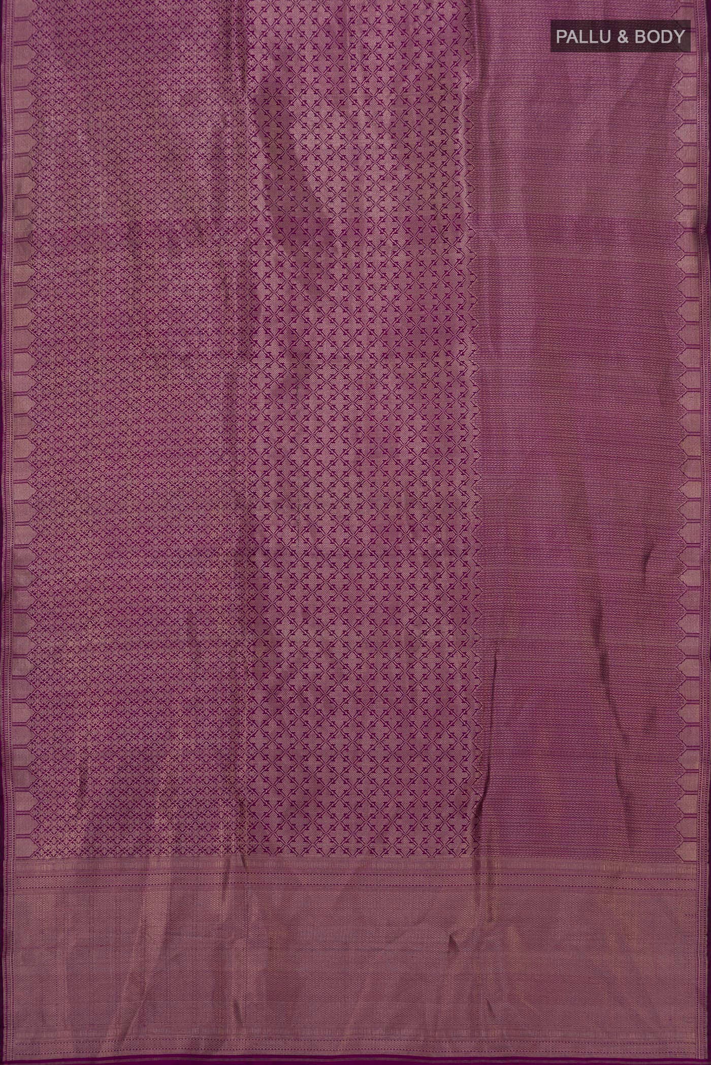 Flat view of Purple Banarasi Katan Silk Saree with Zari Brocade on the body and Zari Border. 