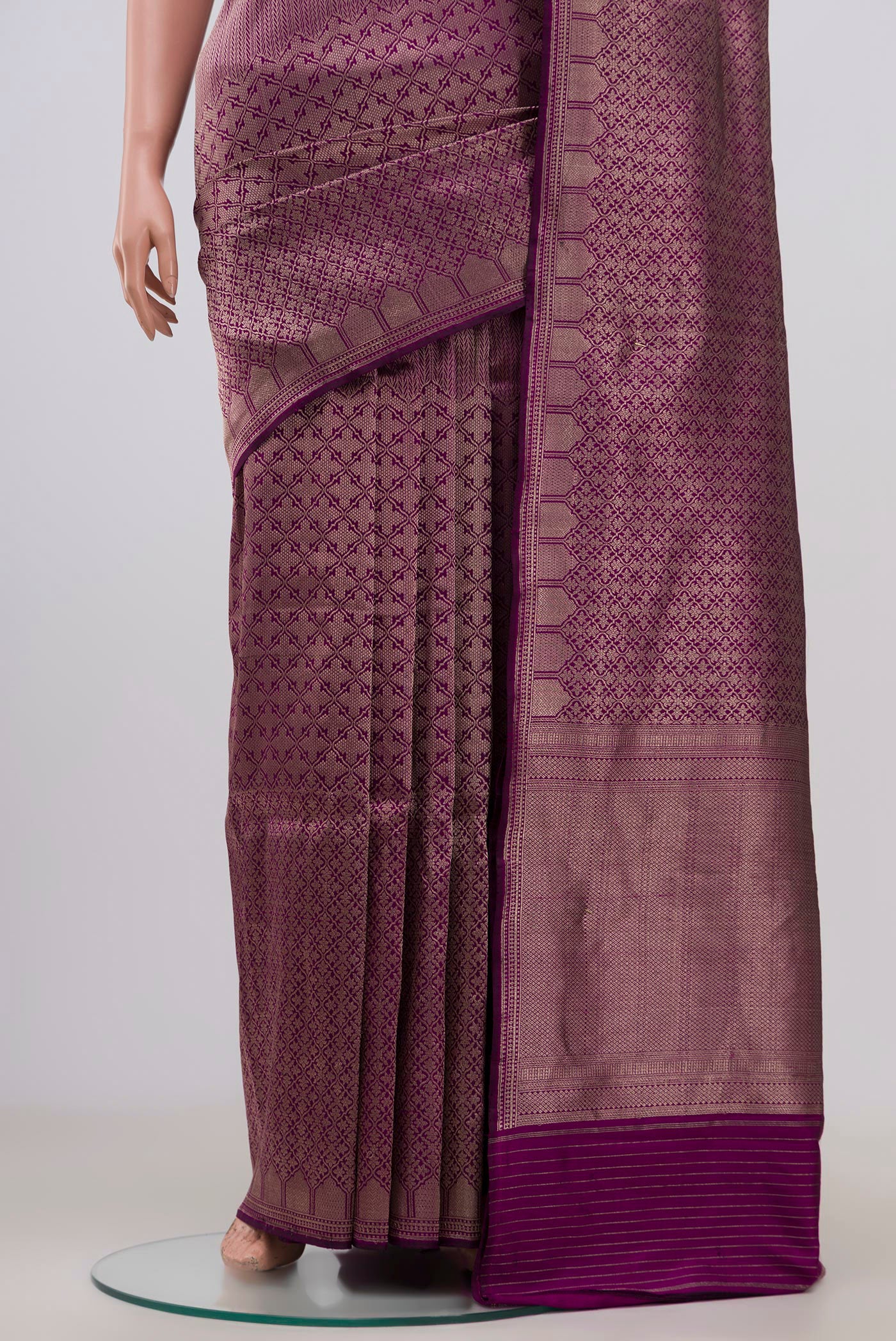 Pleats and pallu of Purple Banarasi Katan Silk Saree with Zari Brocade on the body and Zari Border. 