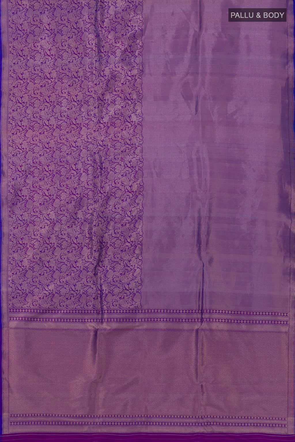 Flat view of Blue Banarasi Katan Silk Saree with Zari Brocade on the body and Thin Zari Line. 