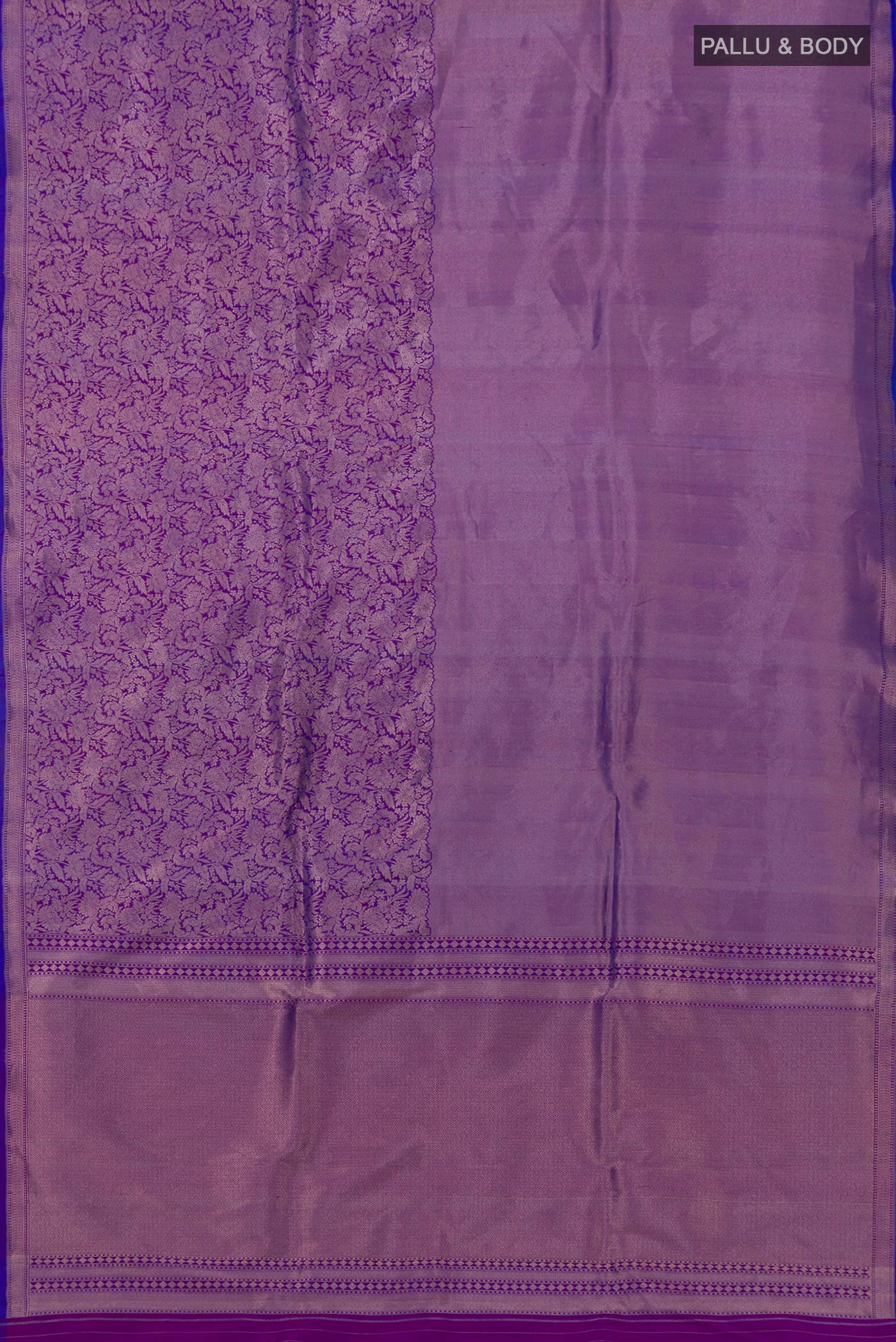 Flat view of Blue Banarasi Katan Silk Saree with Zari Brocade on the body and Thin Zari Line. 