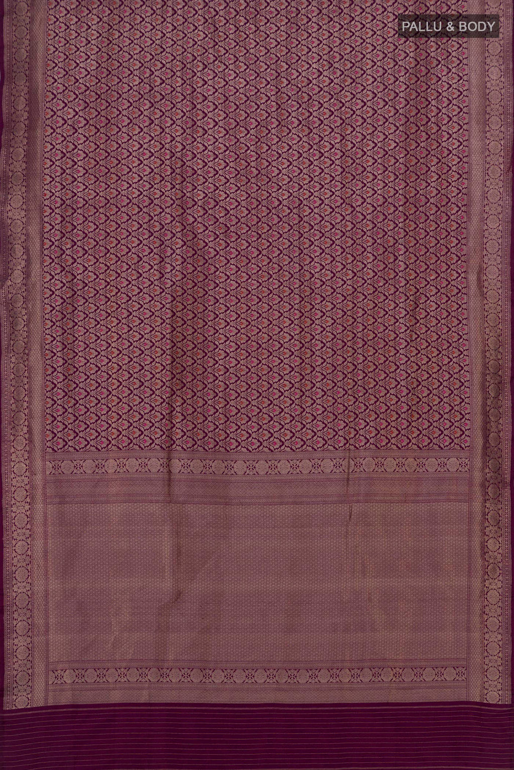 Flat view of Purple Banarasi Katan Silk Saree with Zari Brocade on the body and Zari Border. 