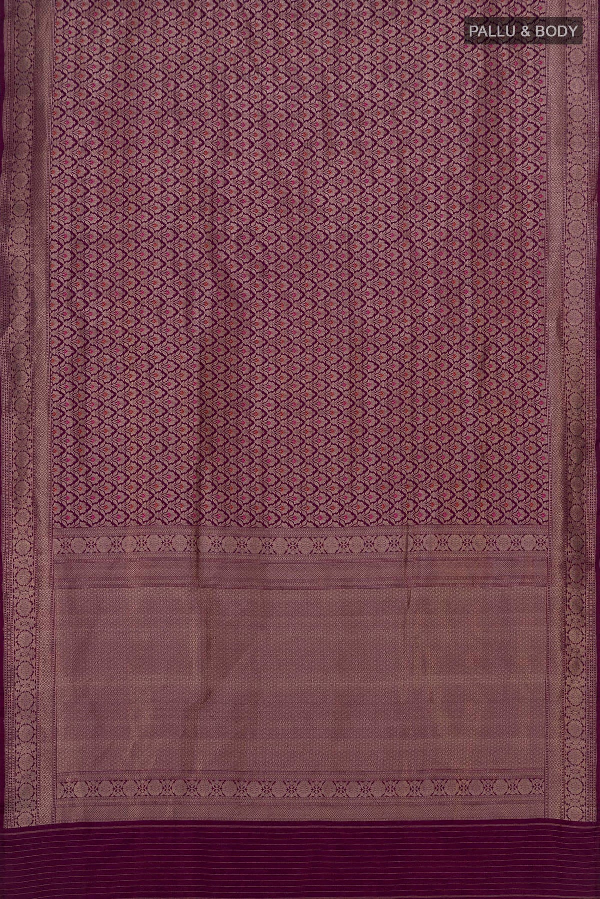Flat view of Purple Banarasi Katan Silk Saree with Zari Brocade on the body and Zari Border. 