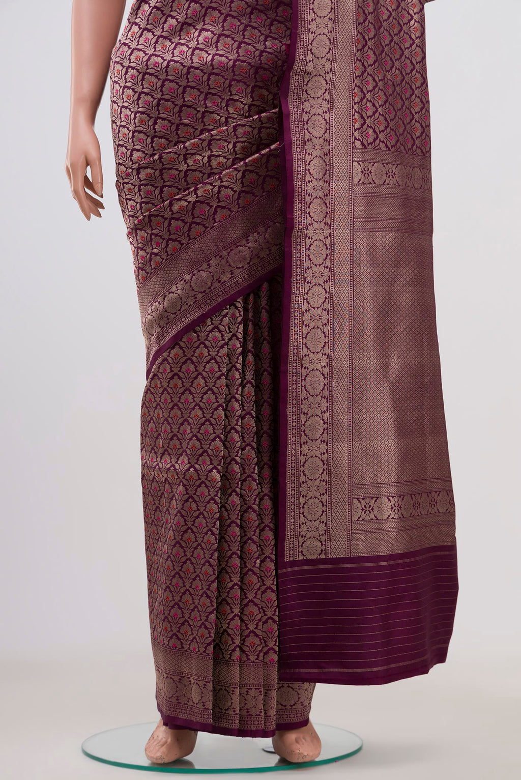 Pleats and pallu of Purple Banarasi Katan Silk Saree with Zari Brocade on the body and Zari Border. 