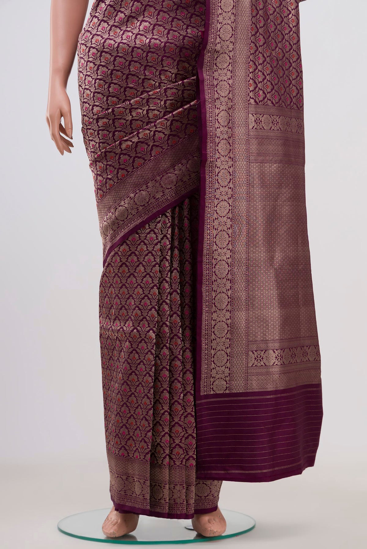 Pleats and pallu of Purple Banarasi Katan Silk Saree with Zari Brocade on the body and Zari Border. 