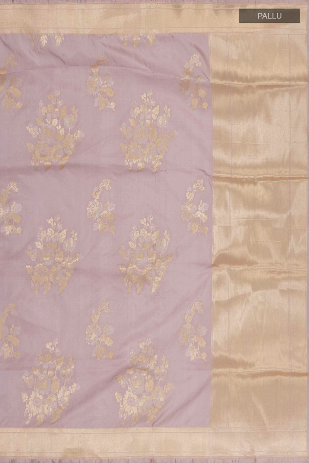 Close up image of the pallu of Lavender Banarasi Silk Saree with Zari Butta on the body and Zari Border. 