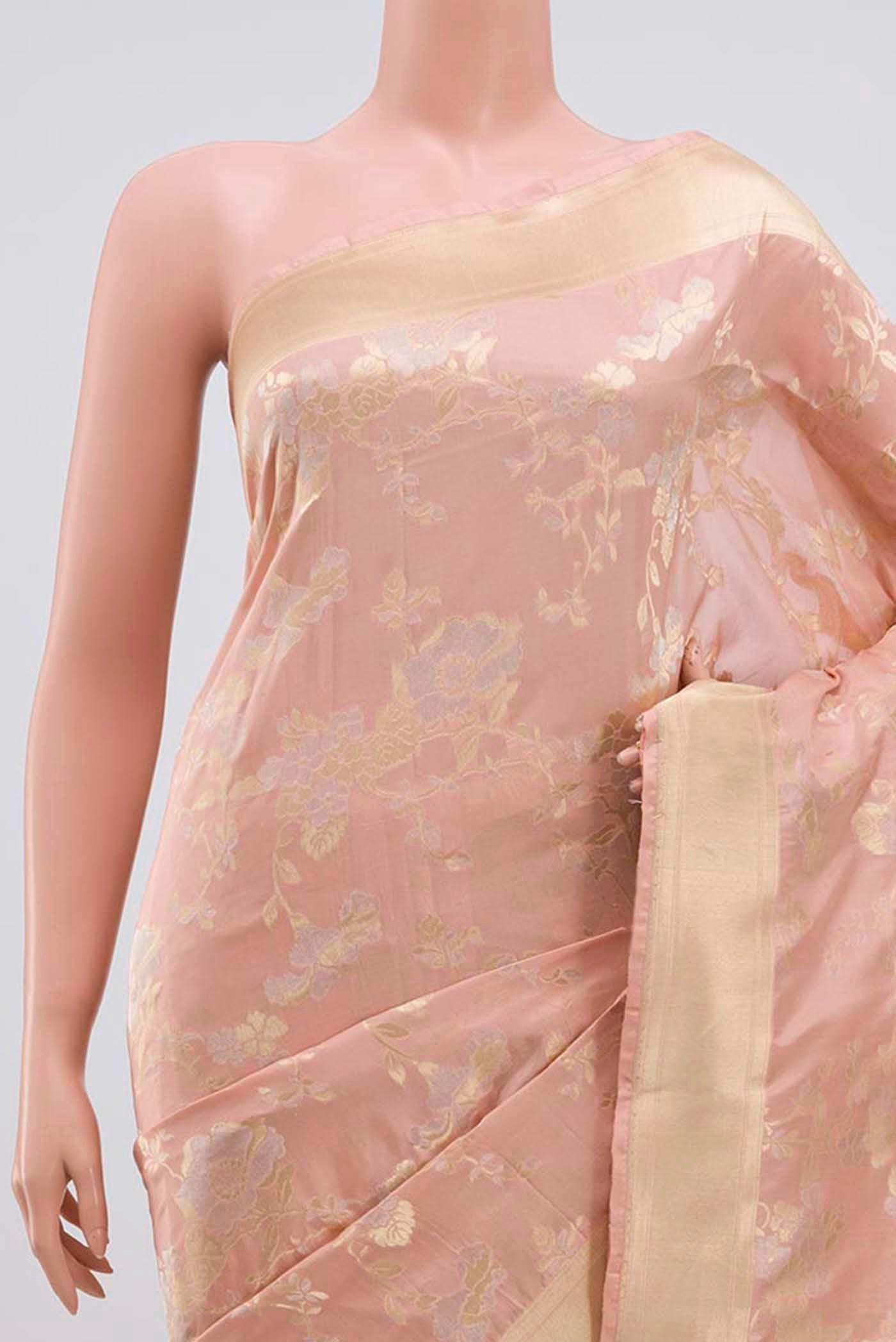 Border image of Peach Banarasi Silk Saree with Zari Brocade on the body and Zari Border. 