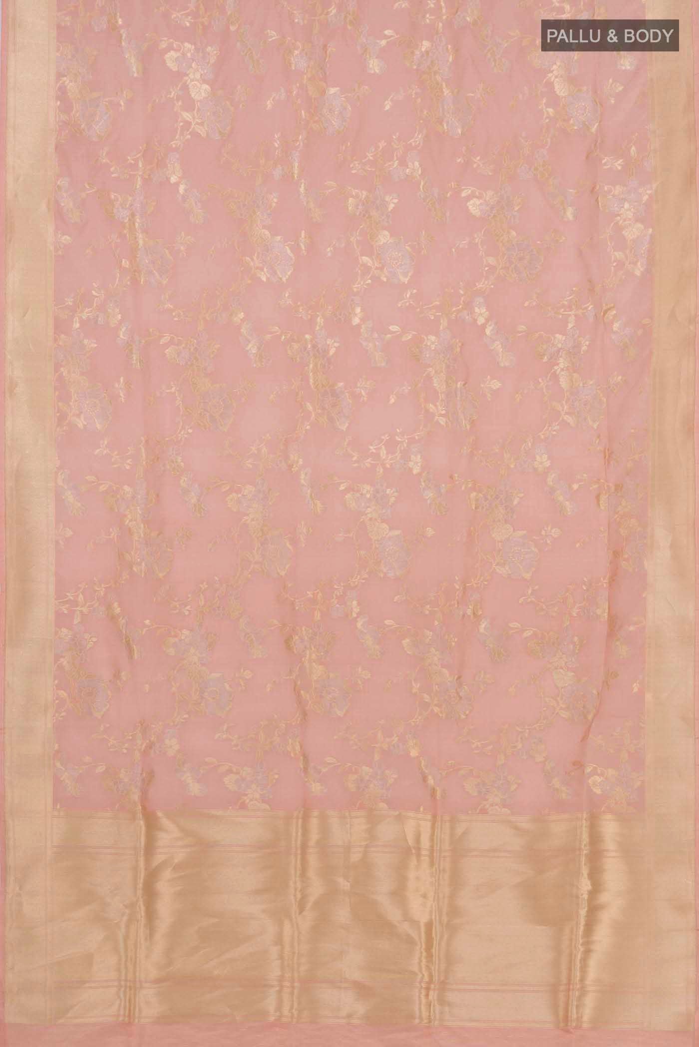 Flat view of Peach Banarasi Silk Saree with Zari Brocade on the body and Zari Border. 