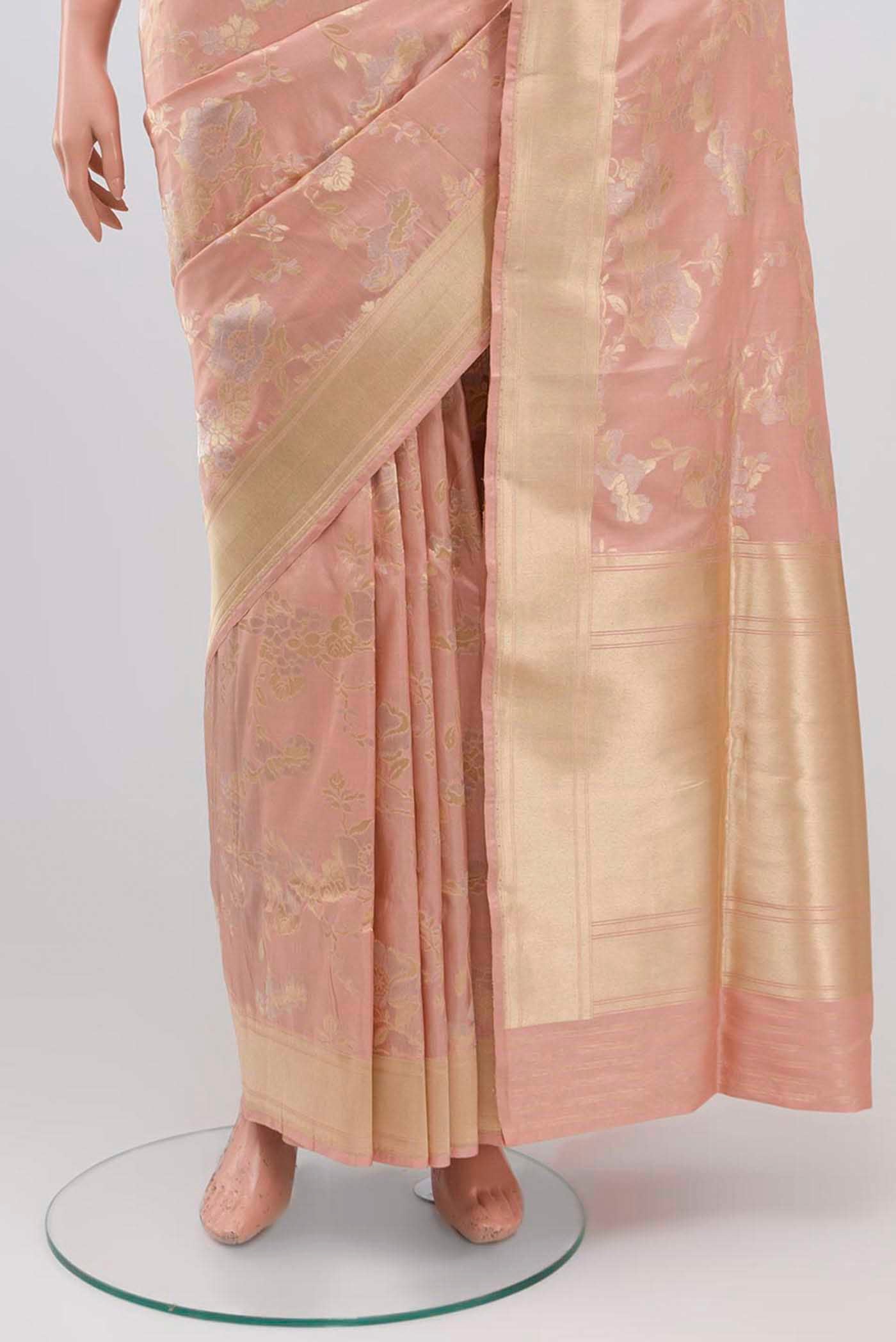 Pleats and pallu of Peach Banarasi Silk Saree with Zari Brocade on the body and Zari Border. 