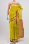 Pure Silk Pure Zari Lemon Yellow Kanjivaram Saree with Zari Butta on the body and Zari Border.  displayed on a mannequin