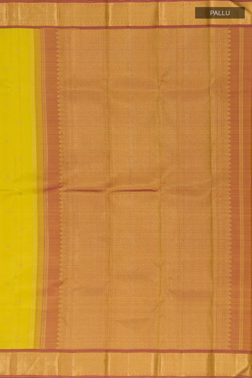 Close up image of the pallu of Pure Silk Pure Zari Lemon Yellow Kanjivaram Saree with Zari Butta on the body and Zari Border. 