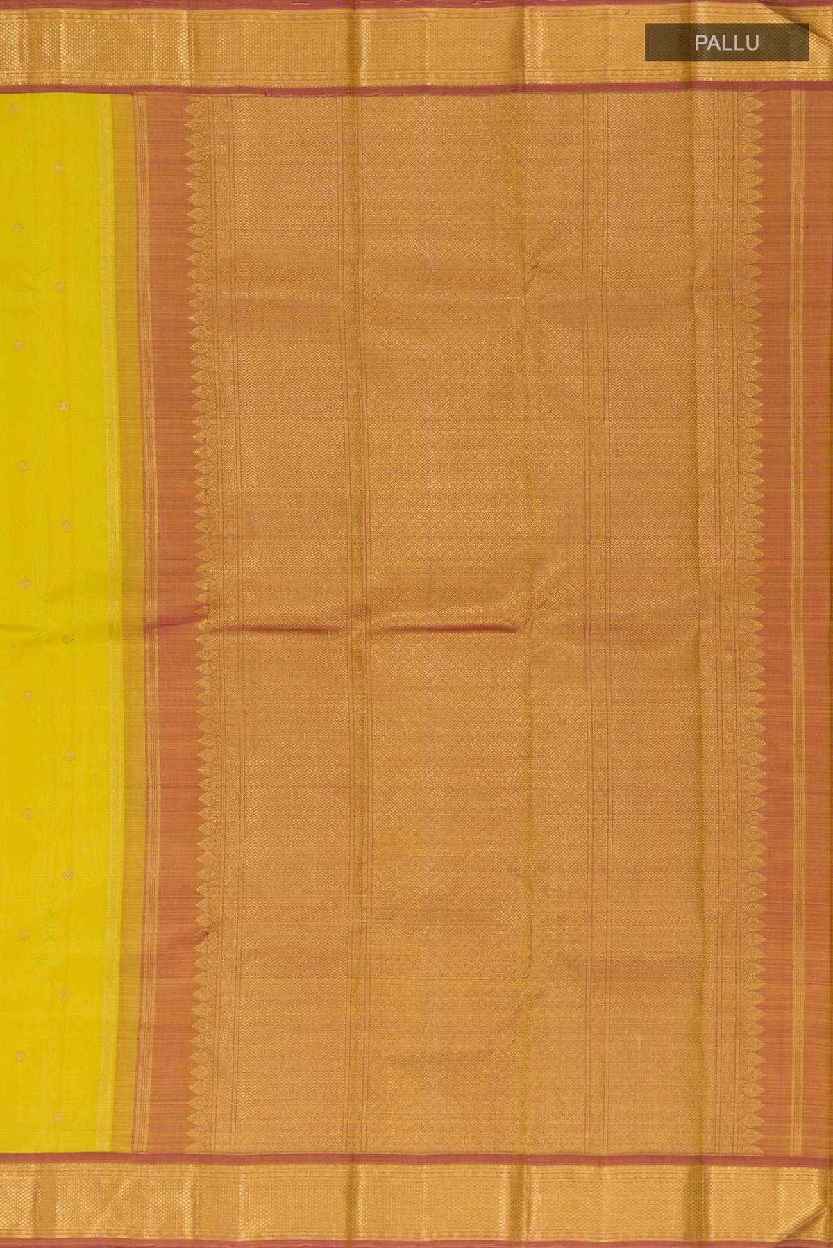 Close up image of the pallu of Pure Silk Pure Zari Lemon Yellow Kanjivaram Saree with Zari Butta on the body and Zari Border. 