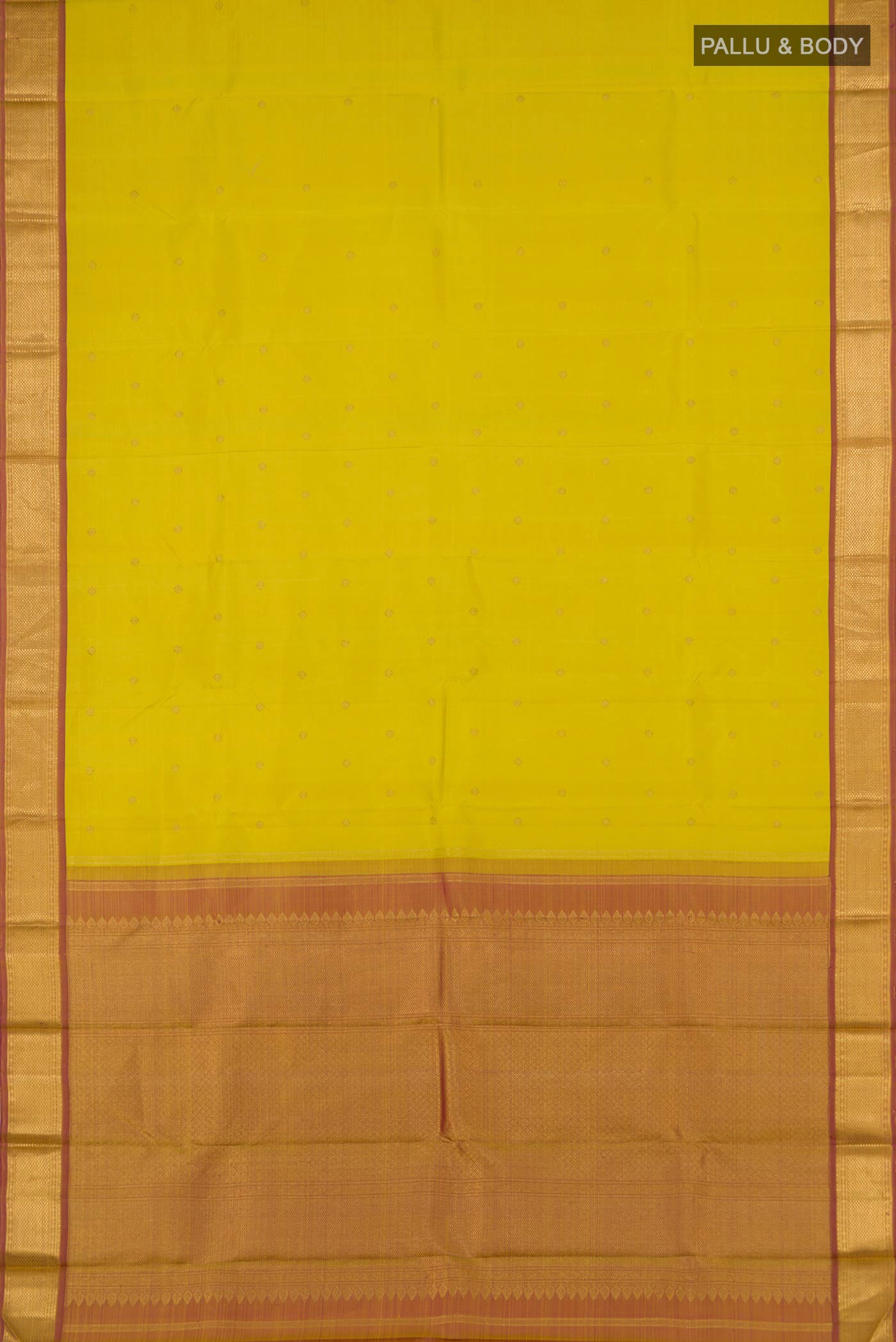 Flat view of Pure Silk Pure Zari Lemon Yellow Kanjivaram Saree with Zari Butta on the body and Zari Border. 