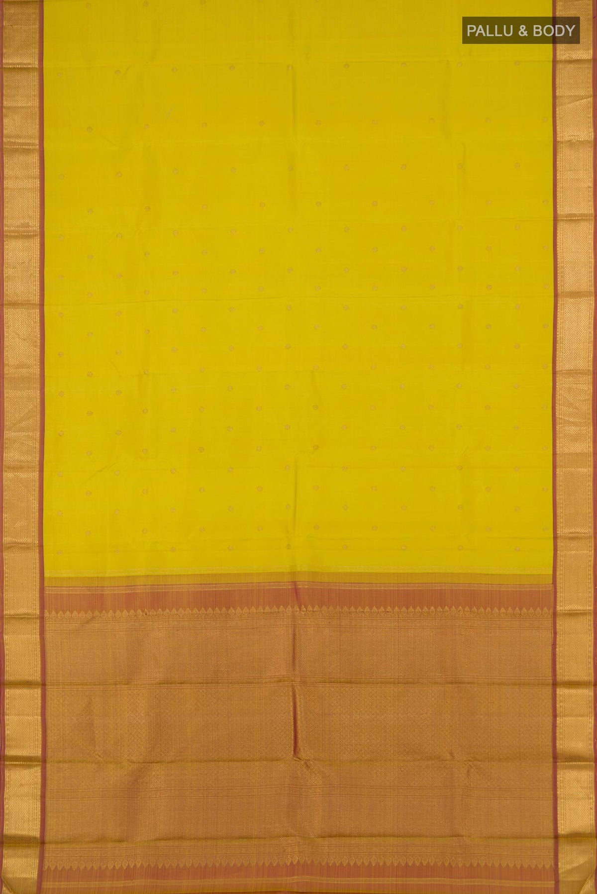 Flat view of Pure Silk Pure Zari Lemon Yellow Kanjivaram Saree with Zari Butta on the body and Zari Border. 