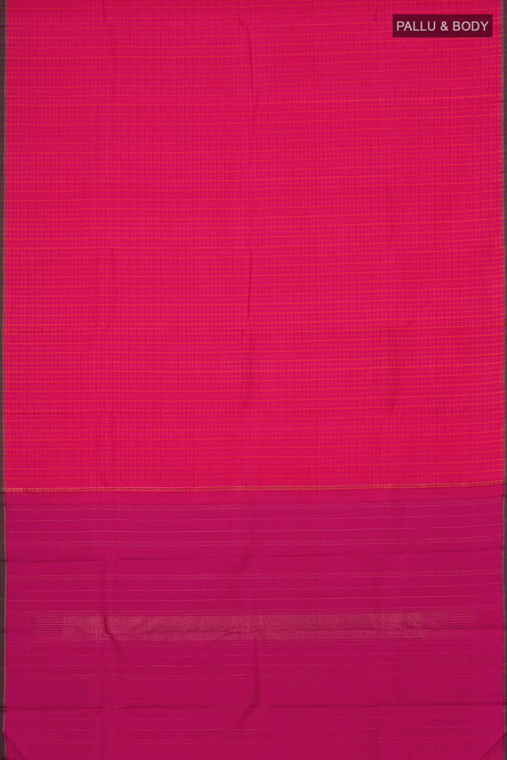 Flat view of Pink Kanjivaram Silk Saree with Checked design on the body and Without Border. 