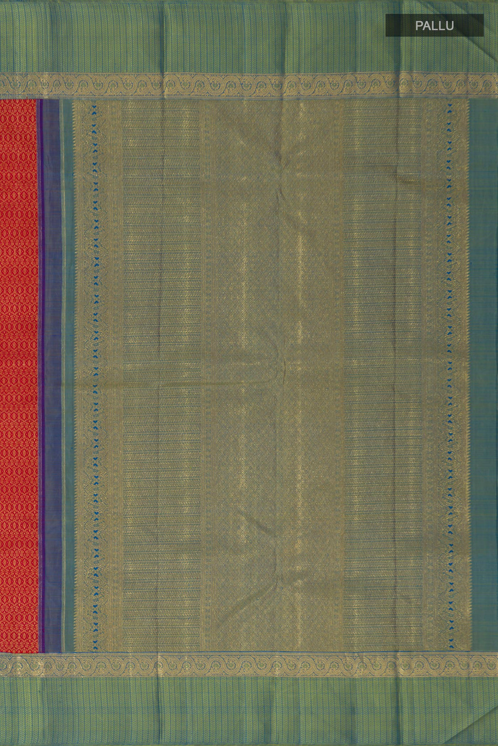 Close up image of the pallu of Pure Silk Pure Zari Red Kanchipuram Saree with Jacquard design on the body and Zari Border. 