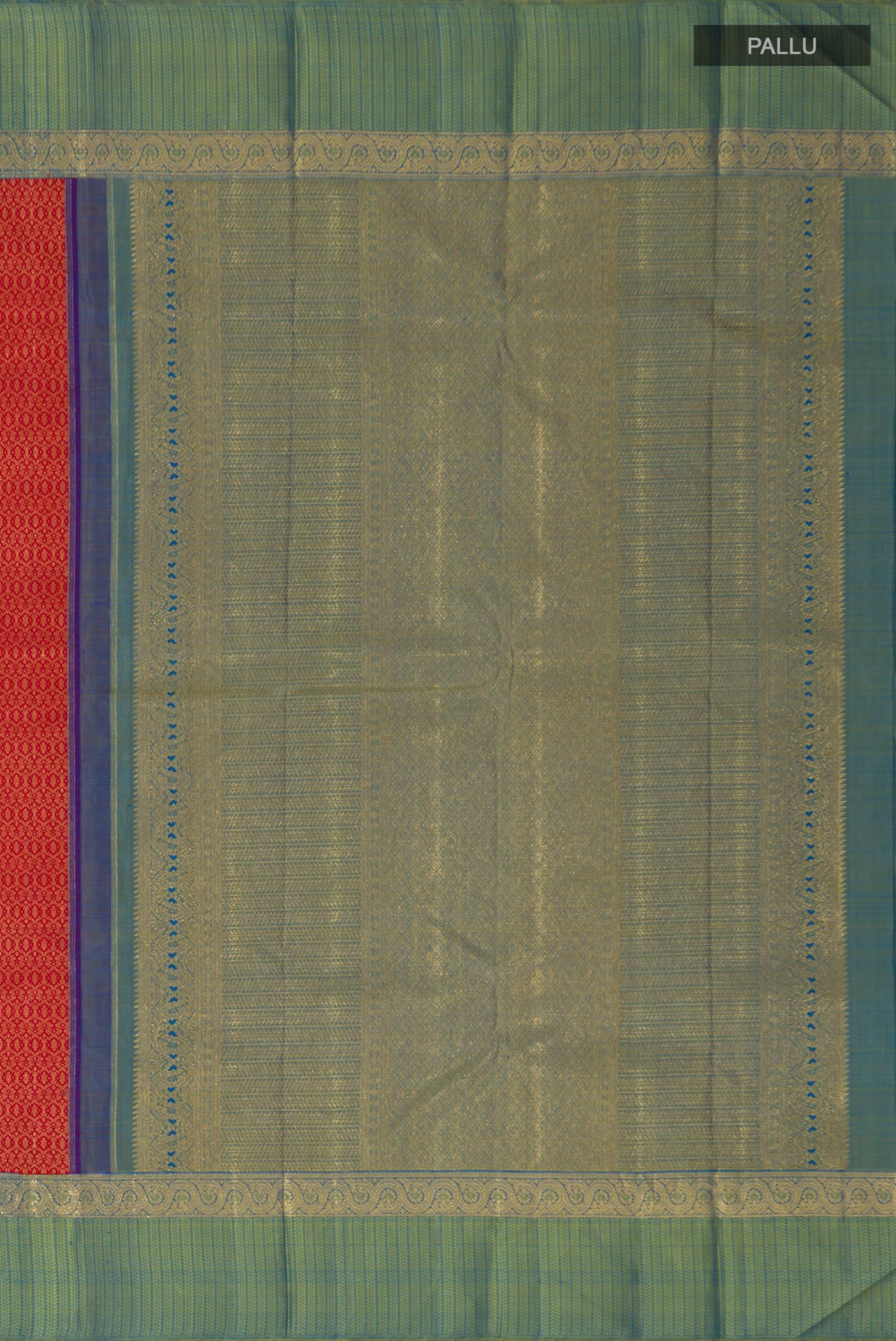 Close up image of the pallu of Pure Silk Pure Zari Red Kanchipuram Saree with Jacquard design on the body and Zari Border. 