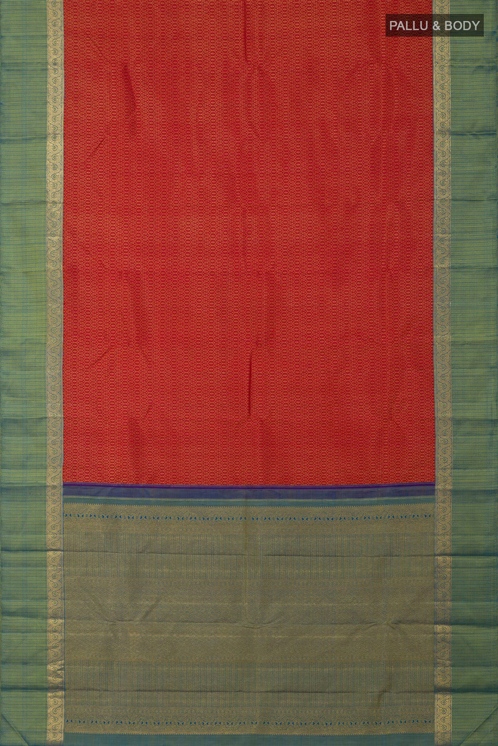 Flat view of Pure Silk Pure Zari Red Kanchipuram Saree with Jacquard design on the body and Zari Border. 