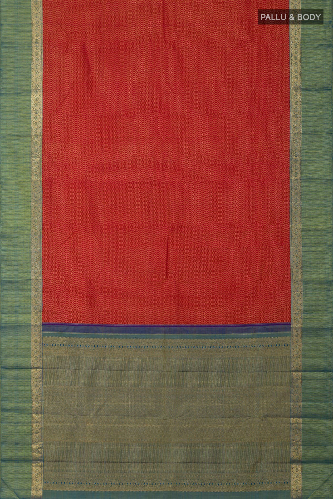 Flat view of Pure Silk Pure Zari Red Kanchipuram Saree with Jacquard design on the body and Zari Border. 