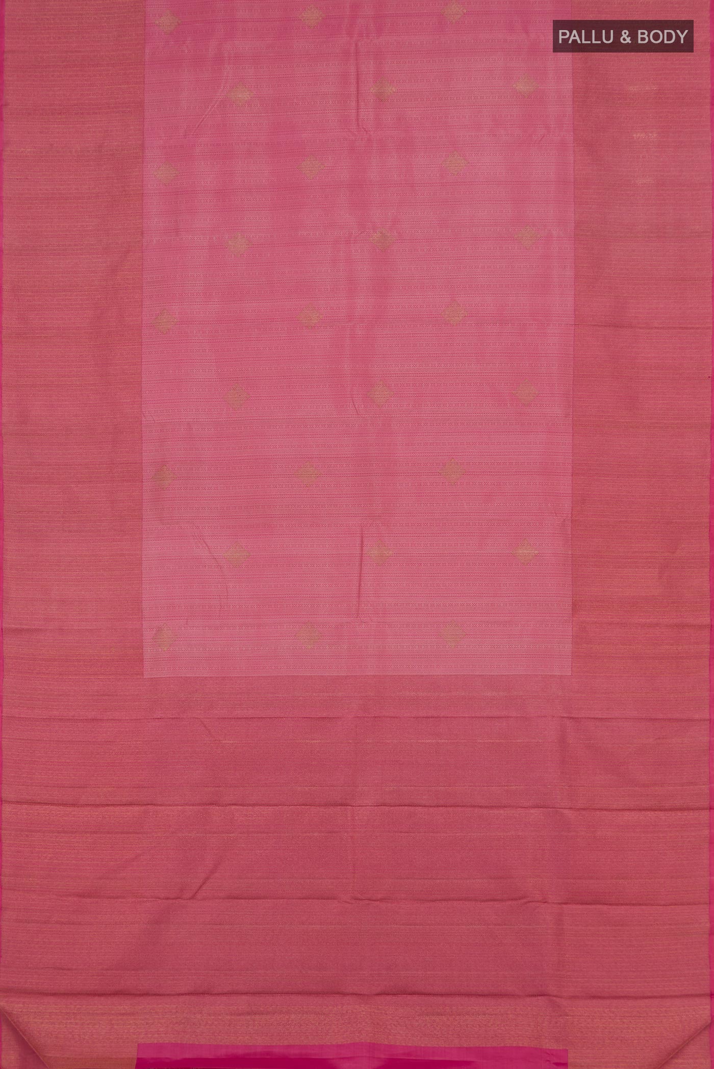 Flat view of Pure Silk Pure Zari Pink Kanjivaram Saree with Jacquard With Zari Butta on the body and Zari Border. 