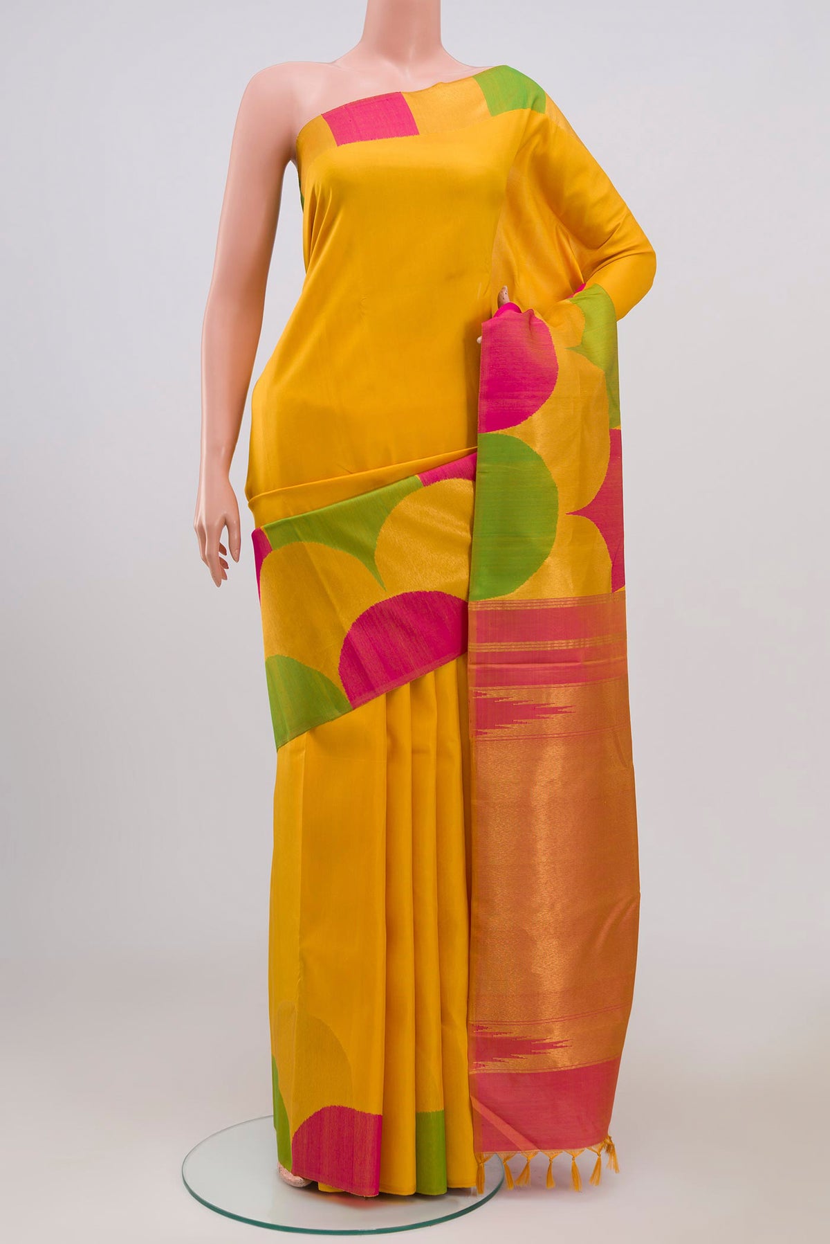 Pure Silk Pure Zari Yellow Kanchipuram Saree with Plain Body and Fancy Border.  displayed on a mannequin