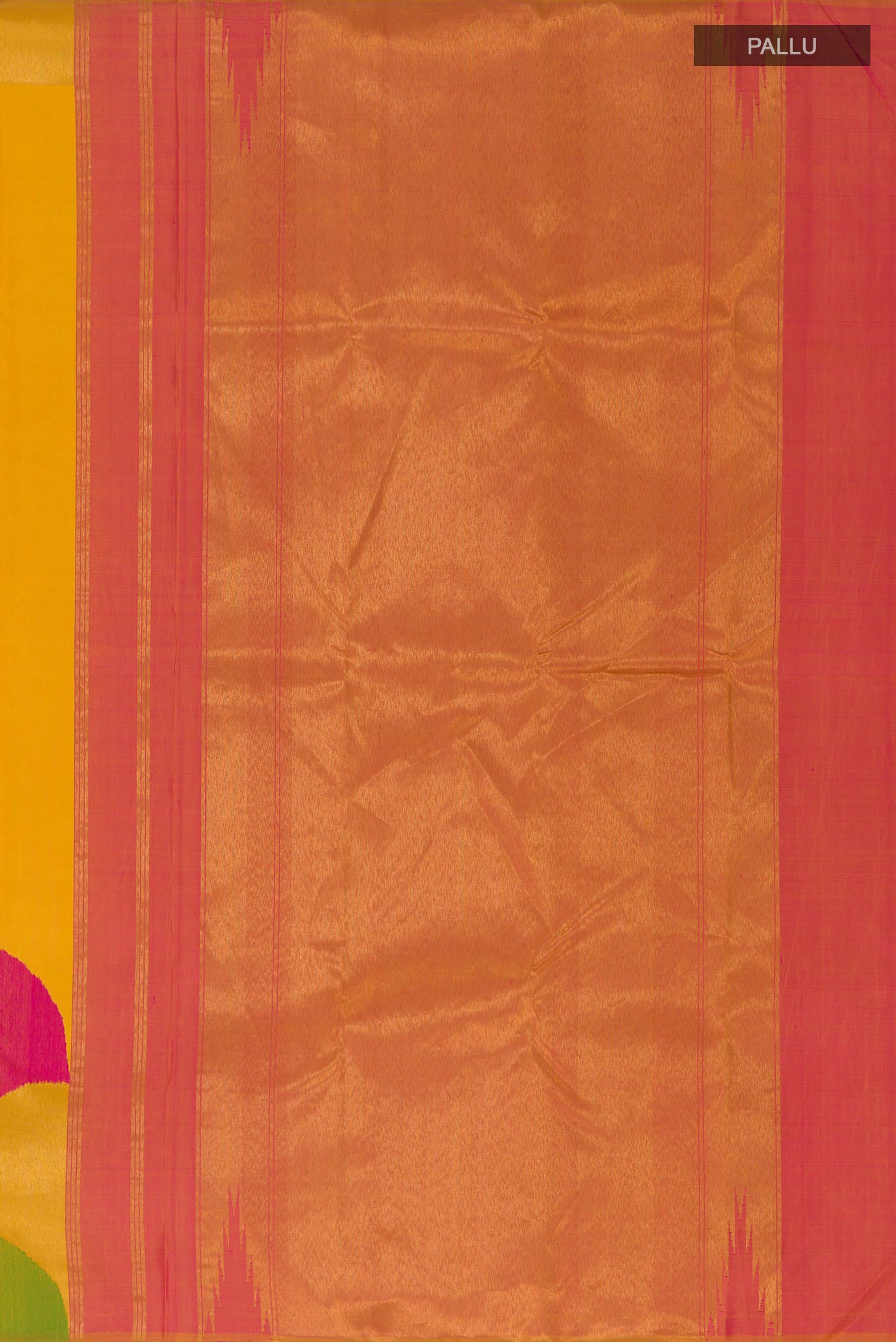 Close up image of the pallu of Pure Silk Pure Zari Yellow Kanchipuram Saree with Plain Body and Fancy Border. 