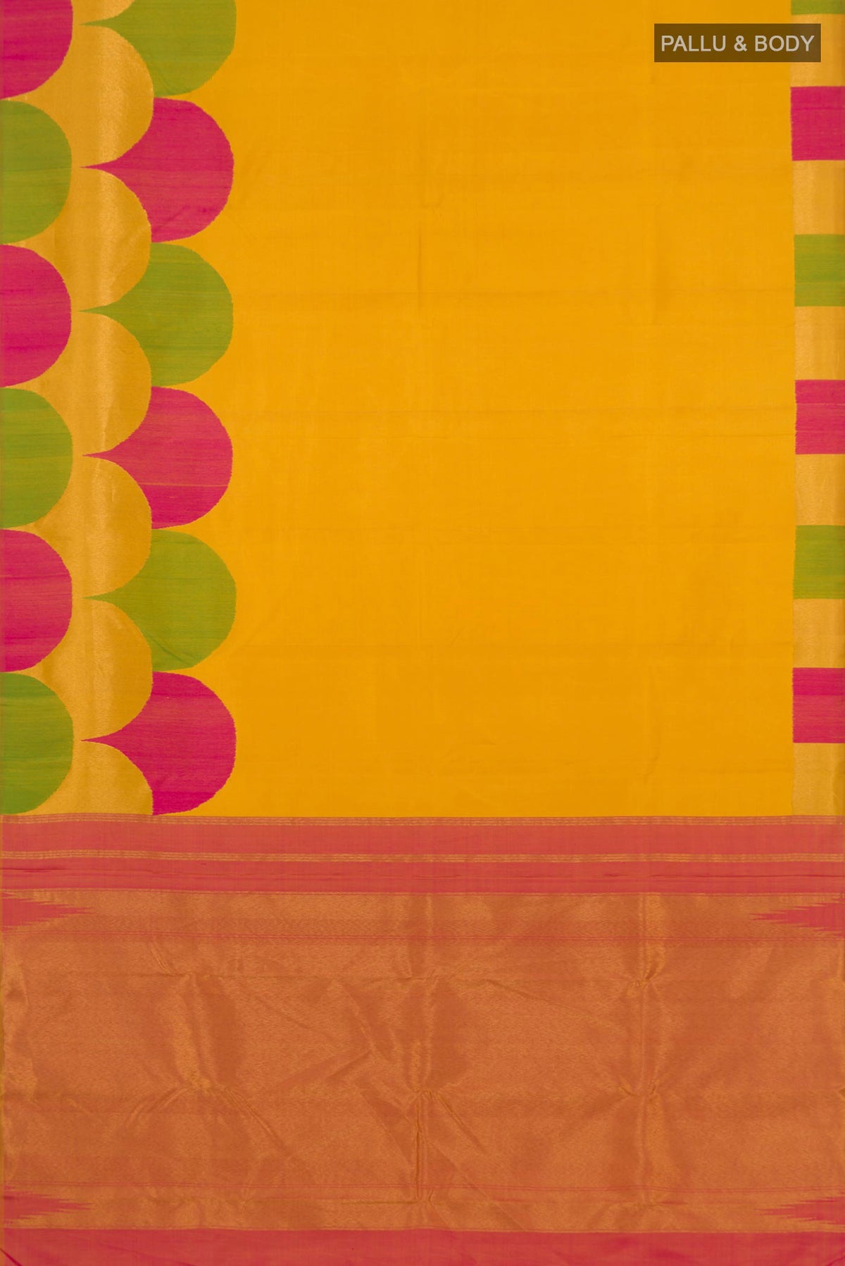 Flat view of Pure Silk Pure Zari Yellow Kanchipuram Saree with Plain Body and Fancy Border. 