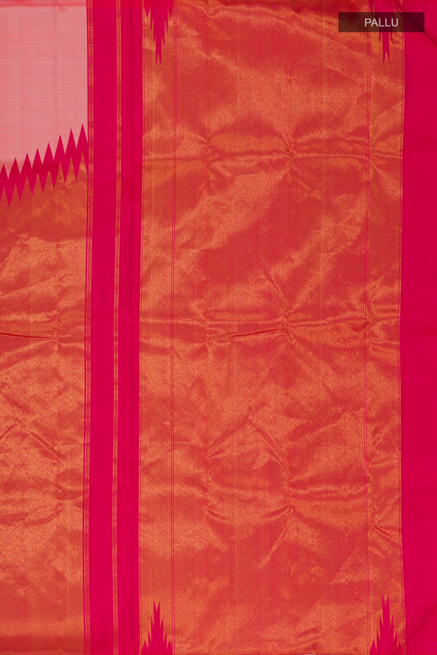 Close up image of the pallu of Golden Peach Kanjivaram Silk Saree with Half And Half on the body and Without Border. 