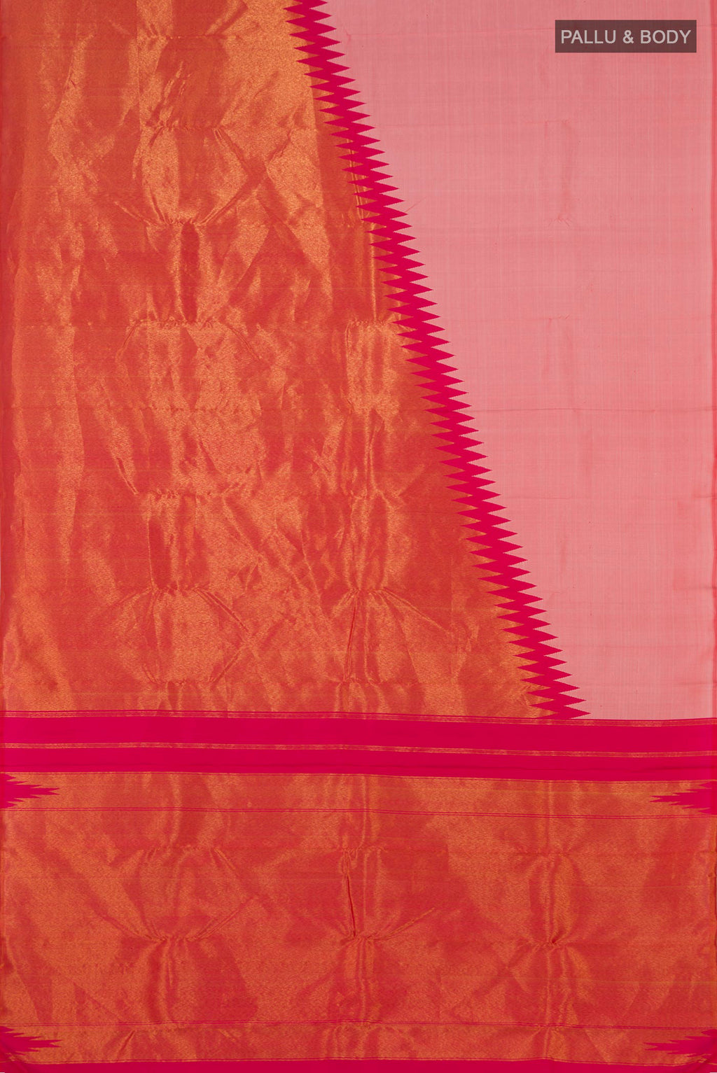 Flat view of Golden Peach Kanjivaram Silk Saree with Half And Half on the body and Without Border. 