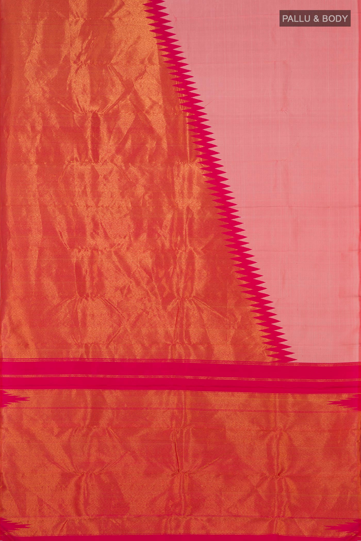 Flat view of Golden Peach Kanjivaram Silk Saree with Half And Half on the body and Without Border. 
