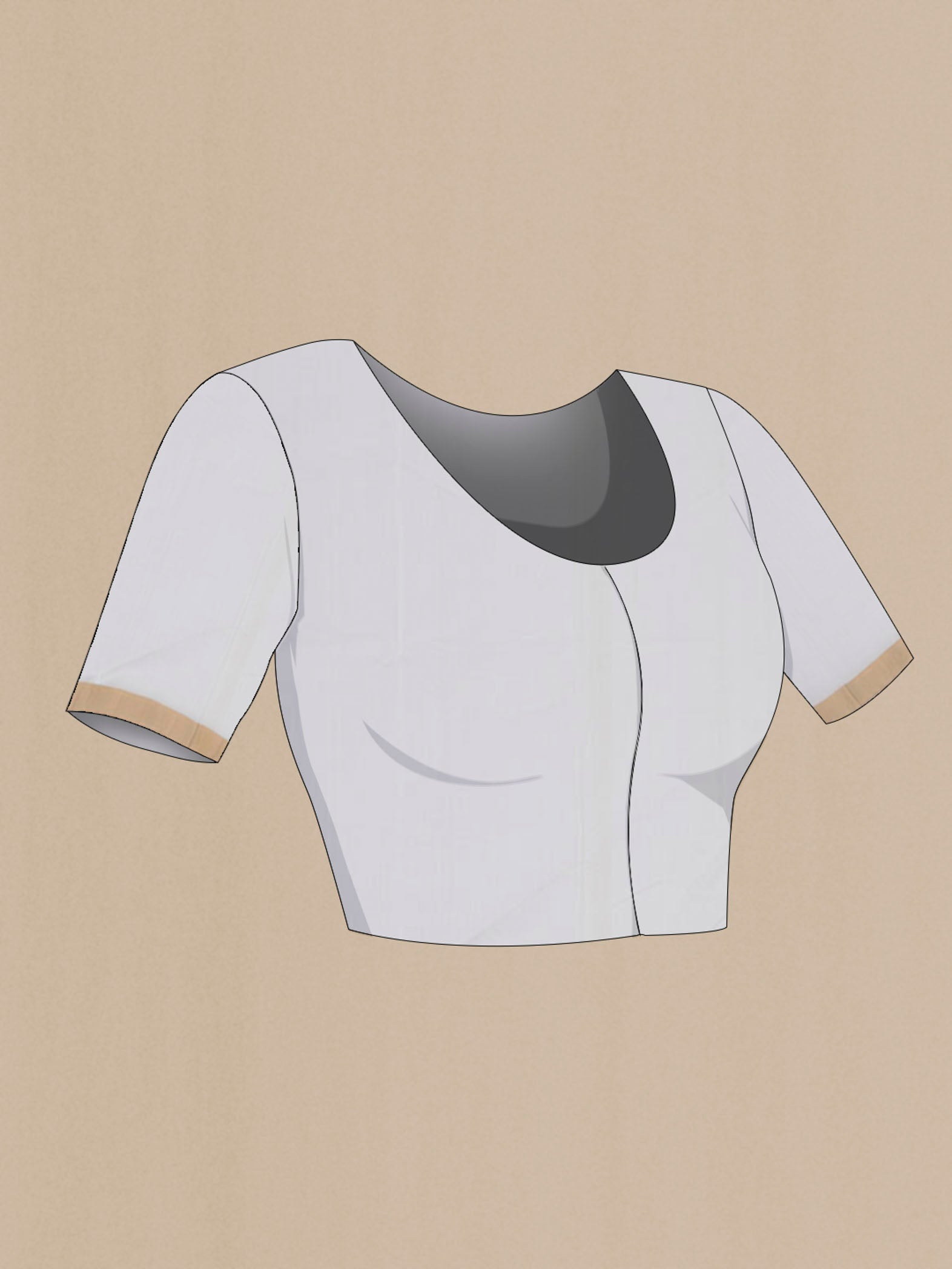 Close up image of the blouse of White Chanderi Silk Cotton Saree with Zari Butta on the body and Zari Border. 