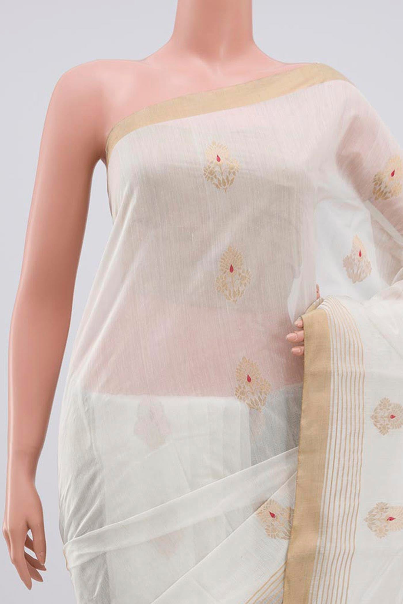 Border image of White Chanderi Silk Cotton Saree with Zari Butta on the body and Zari Border. 