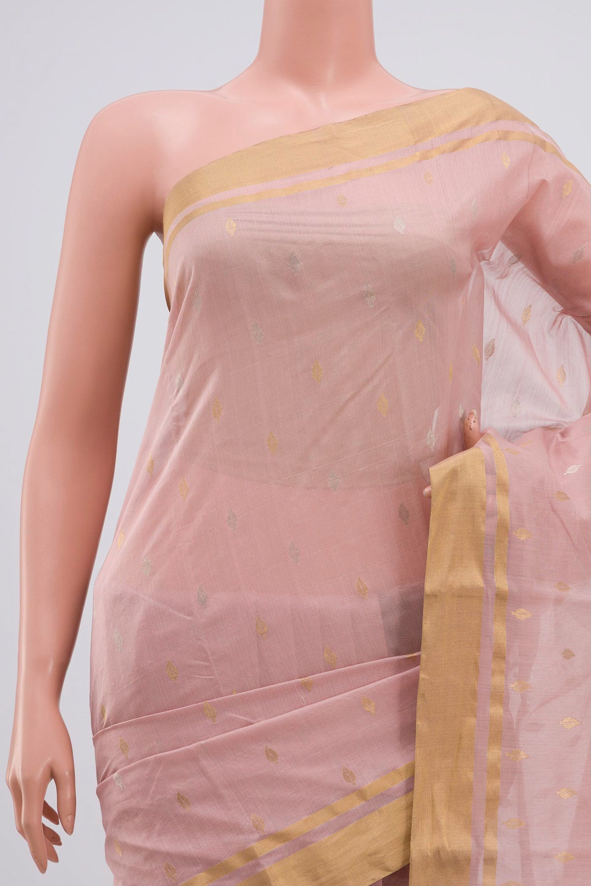 Border image of Peach Chanderi Silk Cotton Saree with Zari Butta on the body and Zari Border. 