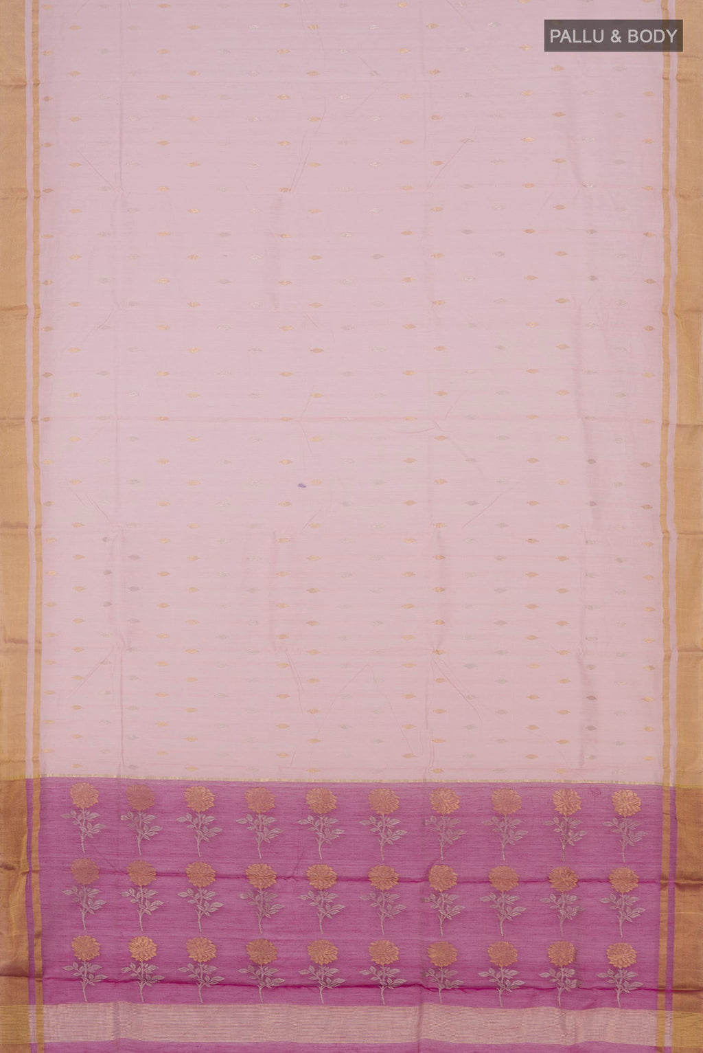 Flat view of Peach Chanderi Silk Cotton Saree with Zari Butta on the body and Zari Border. 