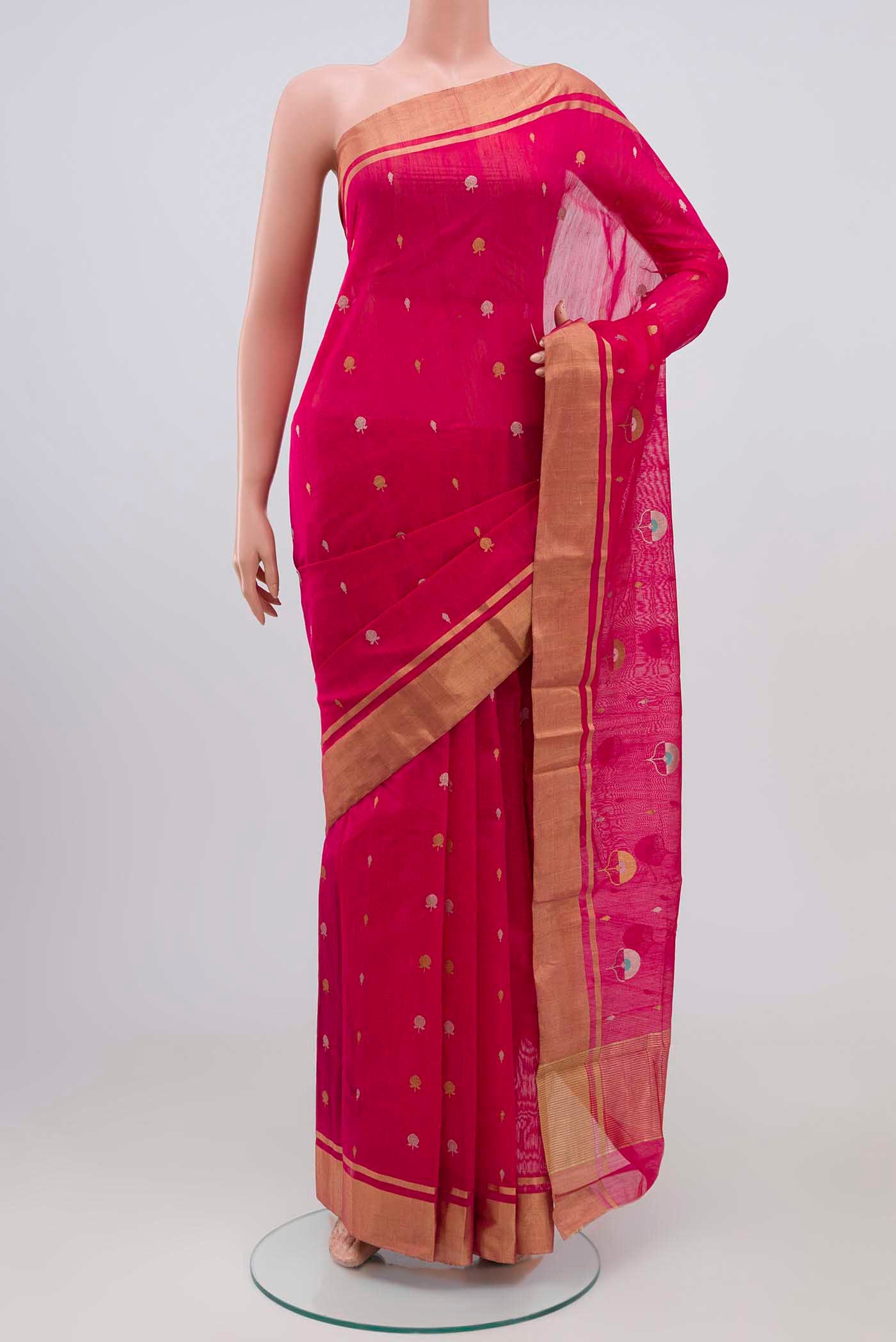 Dark Pink Chanderi Silk Cotton Saree with Zari Butta on the body and Zari Border.  displayed on a mannequin