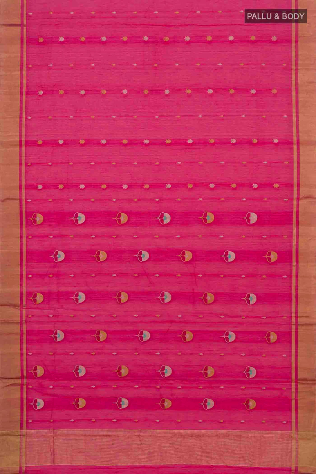 Flat view of Dark Pink Chanderi Silk Cotton Saree with Zari Butta on the body and Zari Border. 