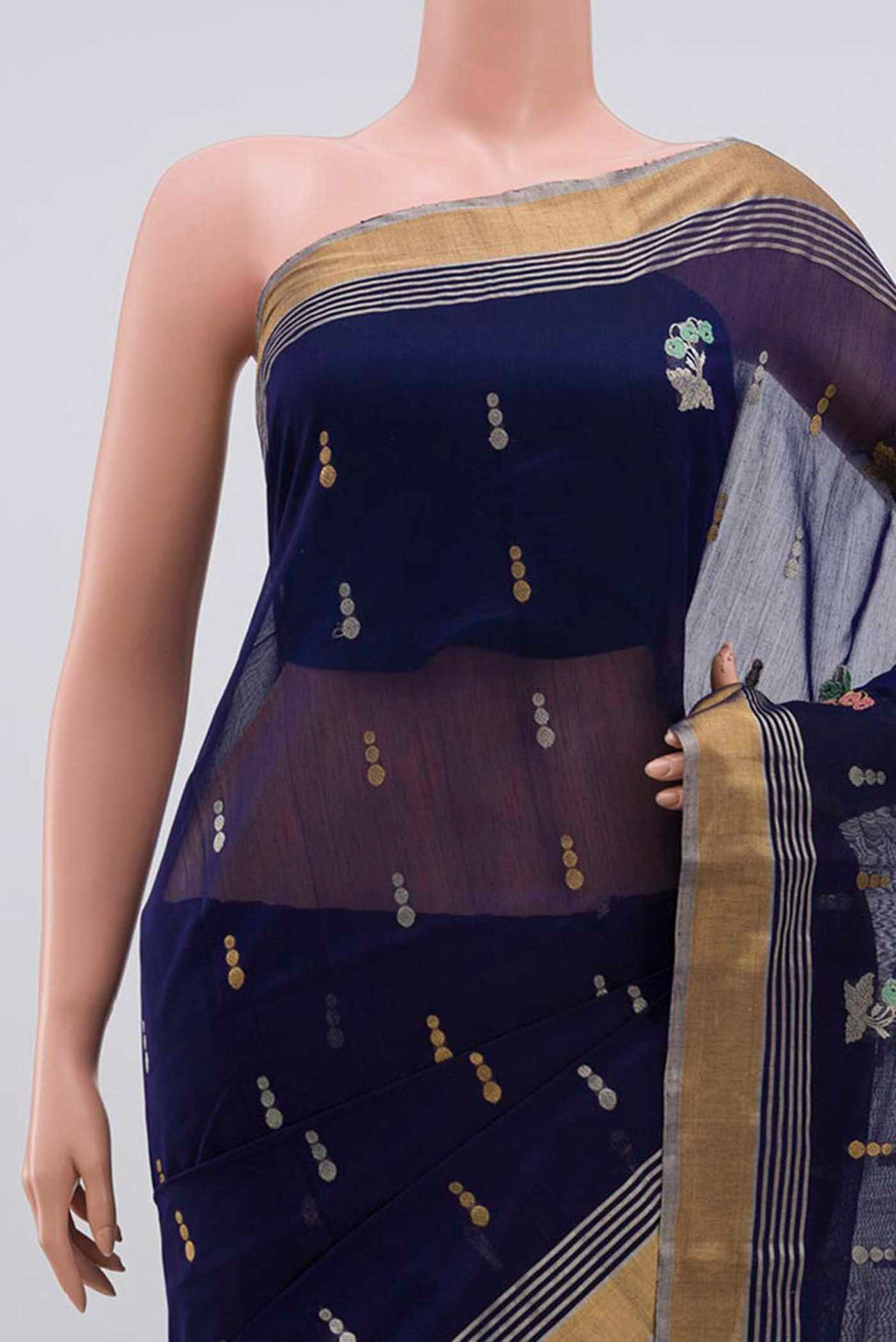 Border image of Dark Blue Chanderi Silk Cotton Saree with Zari Butta on the body and Zari Border. 