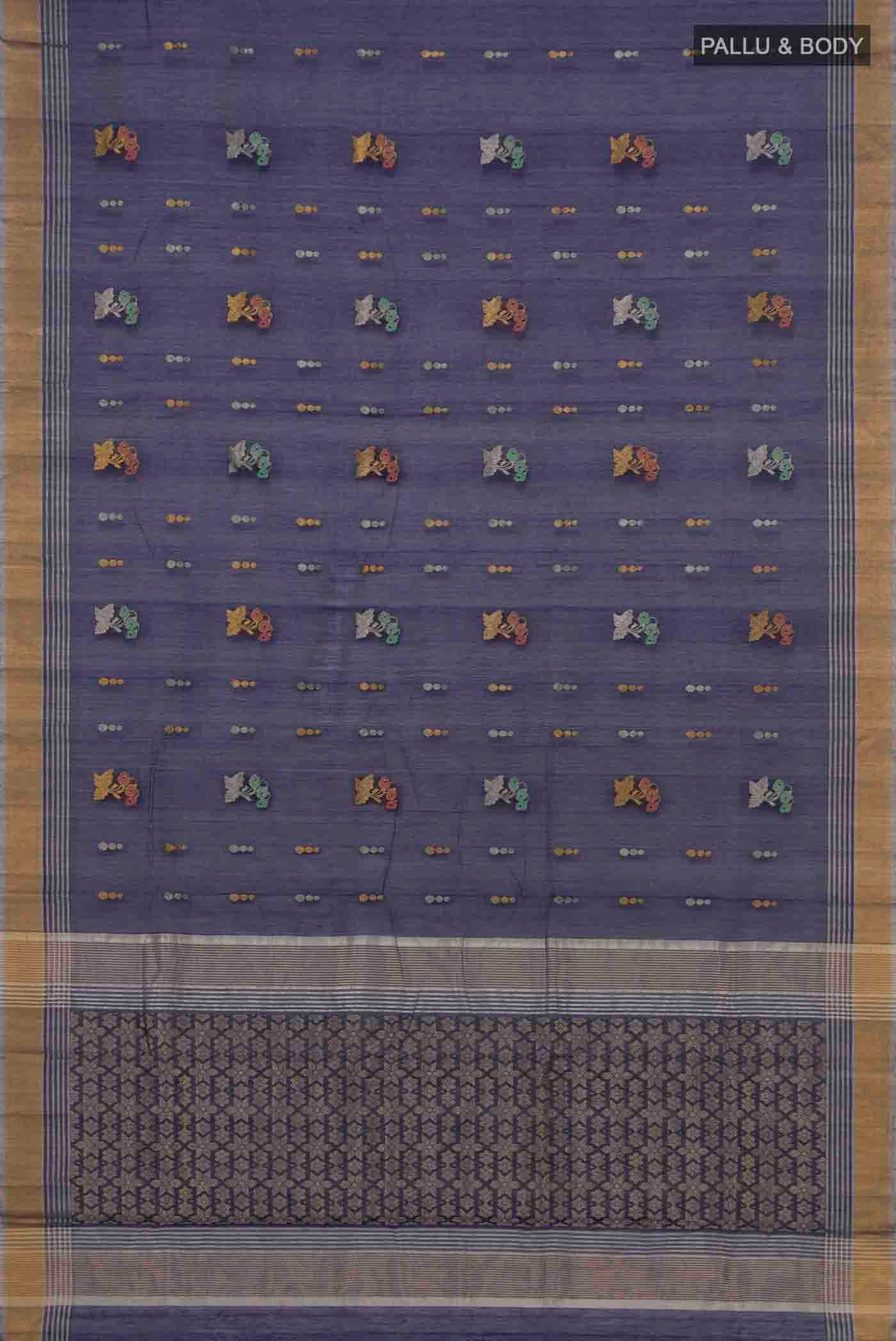 Flat view of Dark Blue Chanderi Silk Cotton Saree with Zari Butta on the body and Zari Border. 