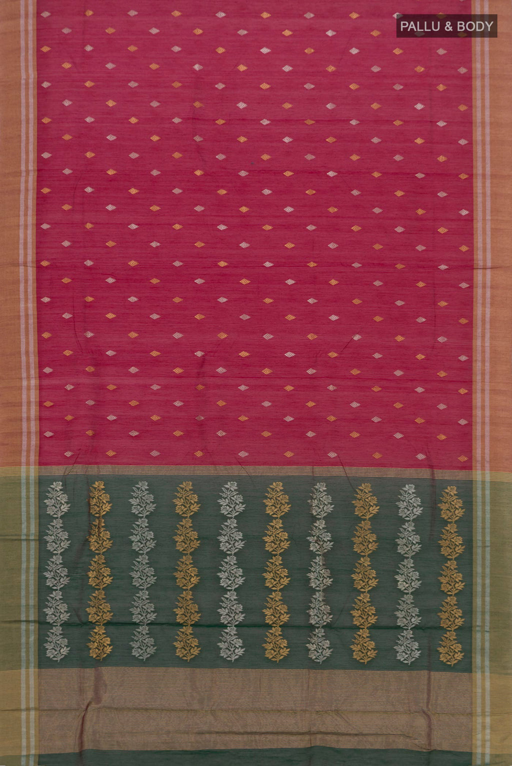 Flat view of Maroon Chanderi Silk Cotton Saree with Zari Butta on the body and Zari Border. 
