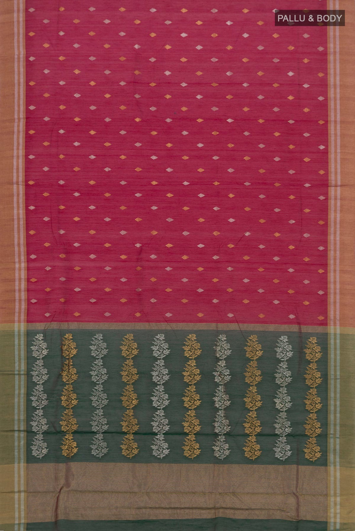 Flat view of Maroon Chanderi Silk Cotton Saree with Zari Butta on the body and Zari Border. 