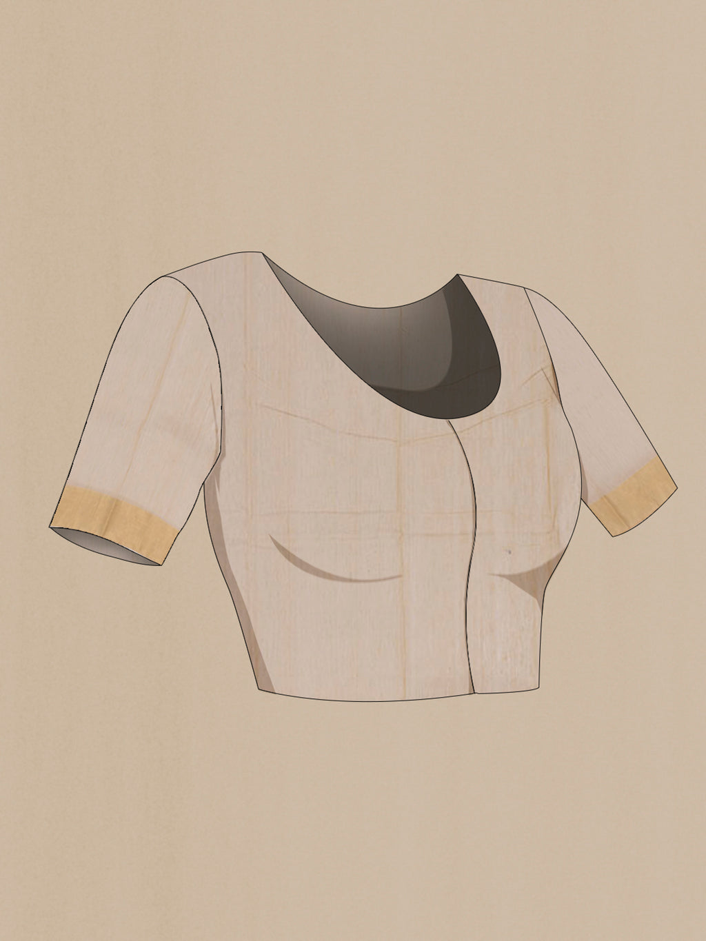 Close up image of the blouse of Beige Chanderi Silk Cotton Saree with Zari Butta on the body and Zari Border. 