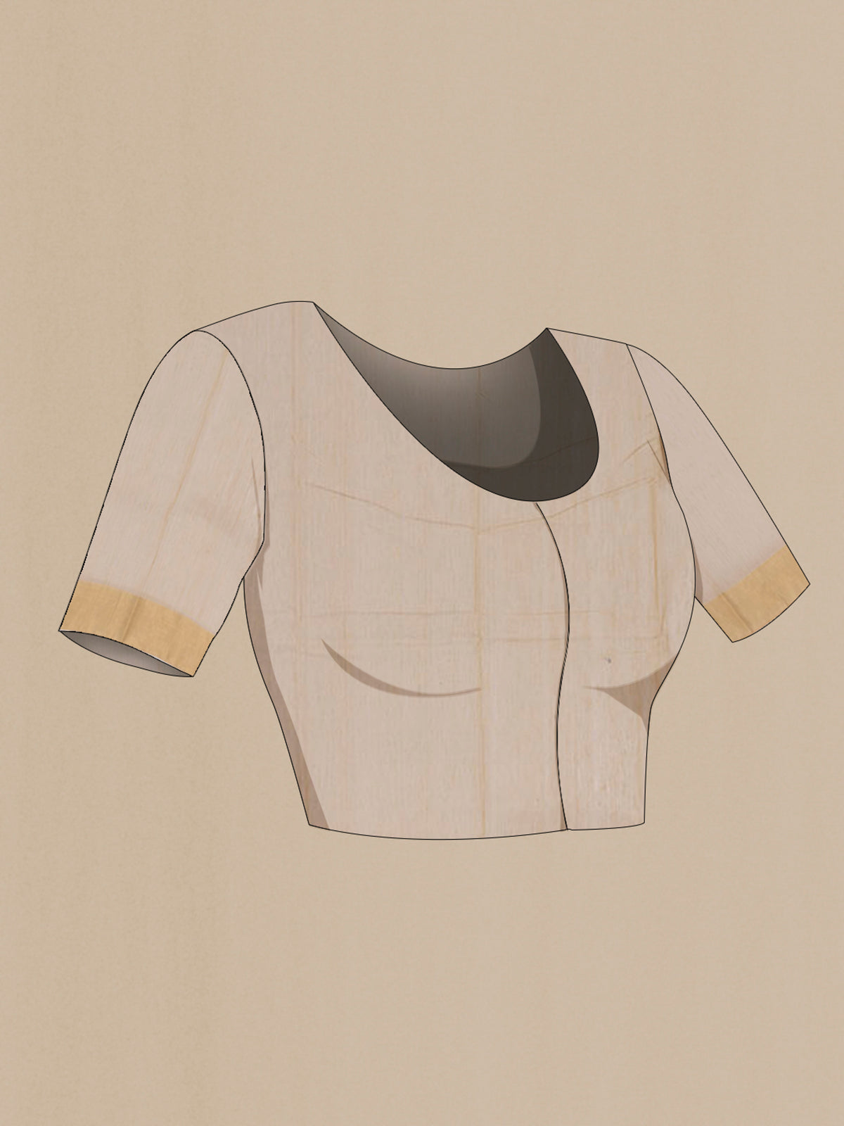 Close up image of the blouse of Beige Chanderi Silk Cotton Saree with Zari Butta on the body and Zari Border. 