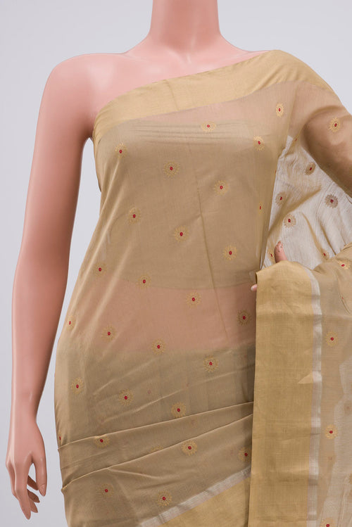 Border image of Beige Chanderi Silk Cotton Saree with Zari Butta on the body and Zari Border. 