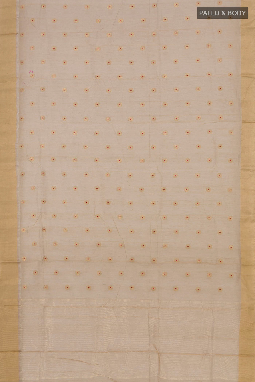 Flat view of Beige Chanderi Silk Cotton Saree with Zari Butta on the body and Zari Border. 