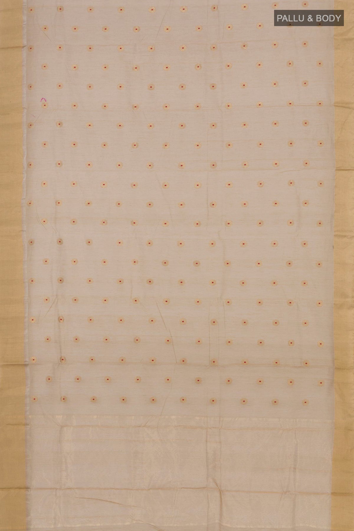 Flat view of Beige Chanderi Silk Cotton Saree with Zari Butta on the body and Zari Border. 
