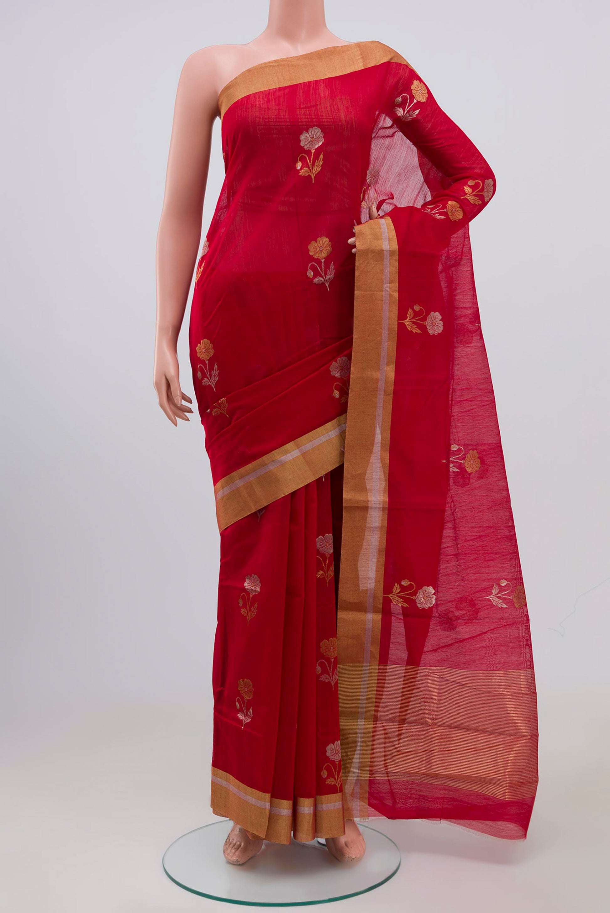 Red Chanderi Silk Cotton Saree with Zari Butta on the body and Zari Border.  displayed on a mannequin