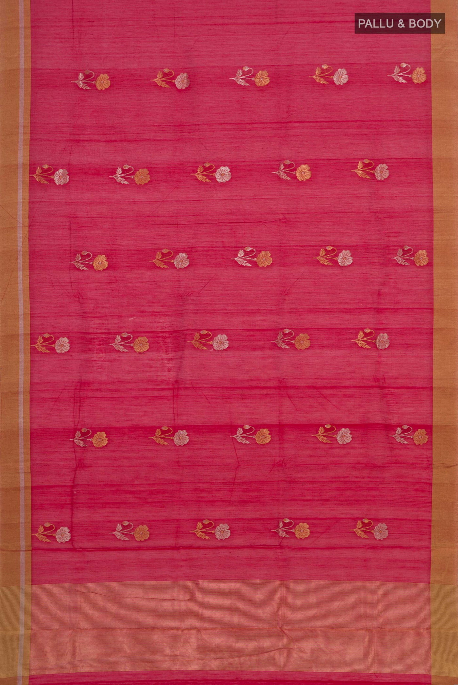Flat view of Red Chanderi Silk Cotton Saree with Zari Butta on the body and Zari Border. 